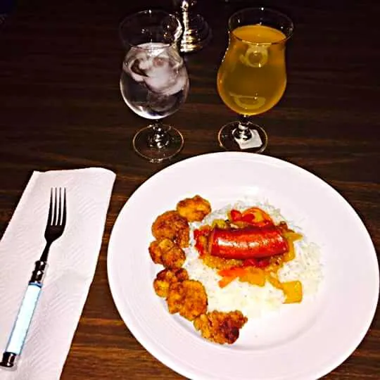 sausage and peppers with mango salsa over white rice with a side of shrimps|Sharee Johnsonさん