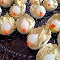 Snapdishの料理写真:The #Easter Deviled #Eggs Project by My Lil Foodie Princess Cooking Class 🐣 Lil Chicks with delicious Pickled White Onions and Carrots from Oakland Organic Farm