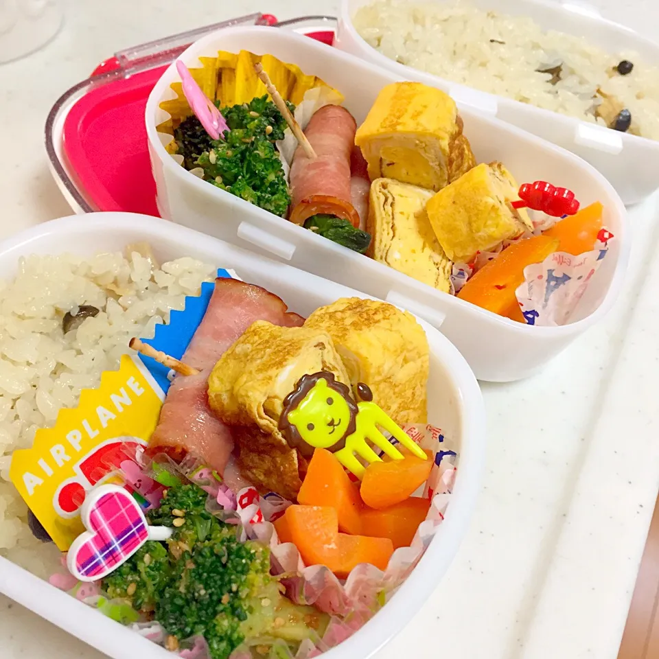 Snapdishの料理写真:2015年度学童弁当。今日から2人分www|りょ-こさん