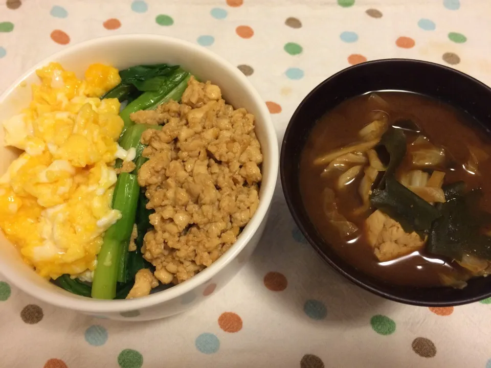 Snapdishの料理写真:豆腐のそぼろ丼と、キャベツの味噌汁|ayumiさん