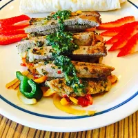 Chimichurri steak with grilled peppers and onions|melanie suarezさん