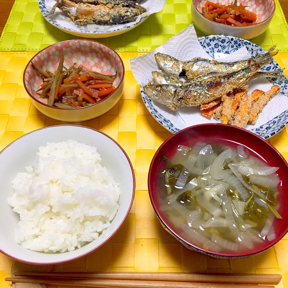 キンピラ、鰯と人参の利休揚げ、ネギと菜っ葉の澄まし汁|舐め子さん