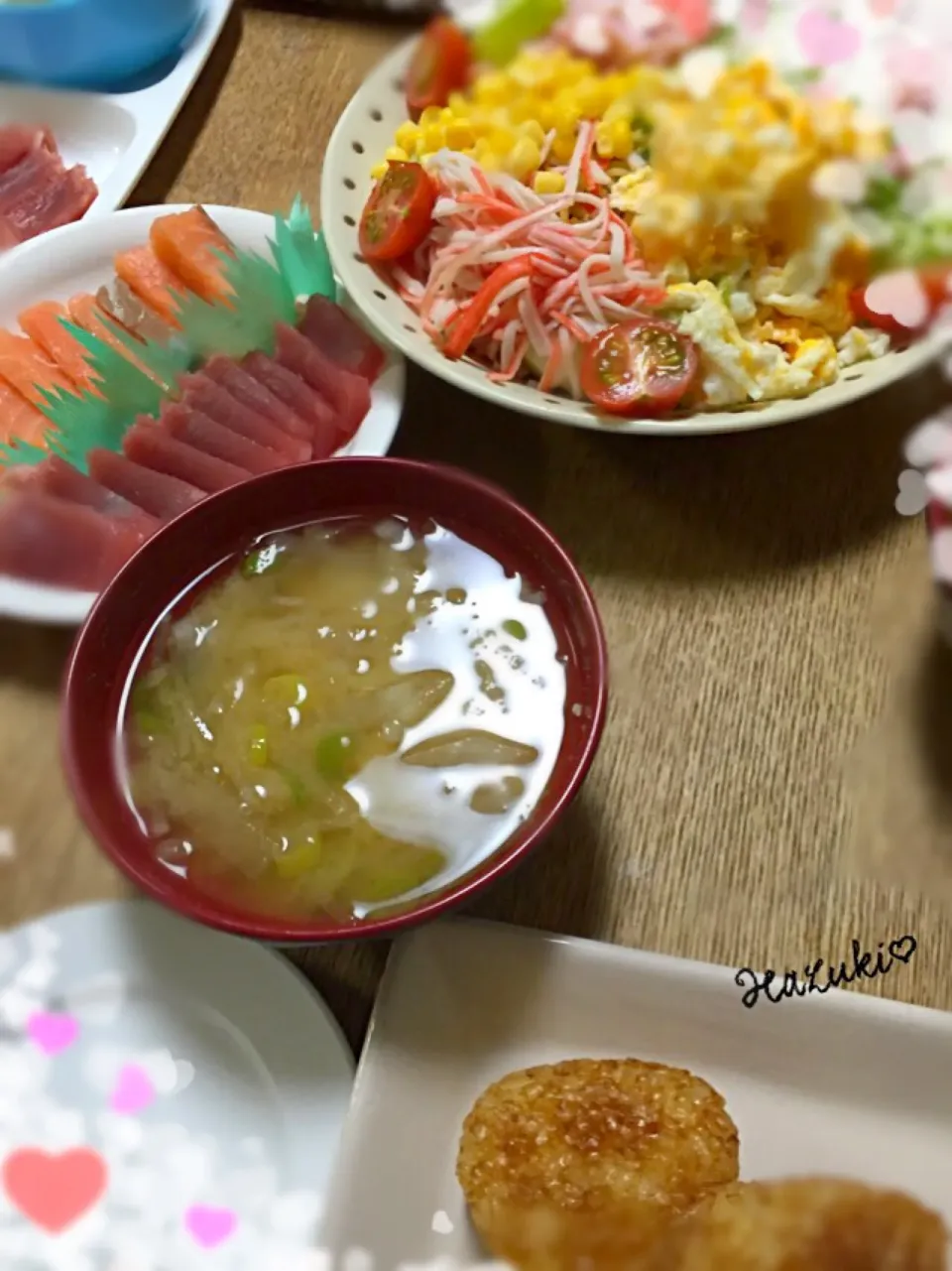 晩ごはん〜焼きおにぎり  お刺身  ラーメンサラダ  大根の味噌汁|⁑葉月⁑さん