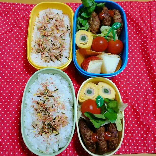 Snapdishの料理写真:4/3(金)の学童弁当🍱と旦那弁当🍱
息子が、二段がいいって言ったので…|ふみぃさん