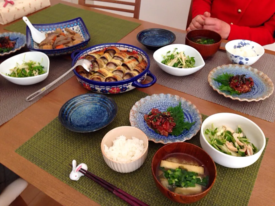 筑前煮☆ナスのロトリーニ☆まぐろゆっけ☆豆苗サラダ☆お味噌汁☆|Milfeliceさん