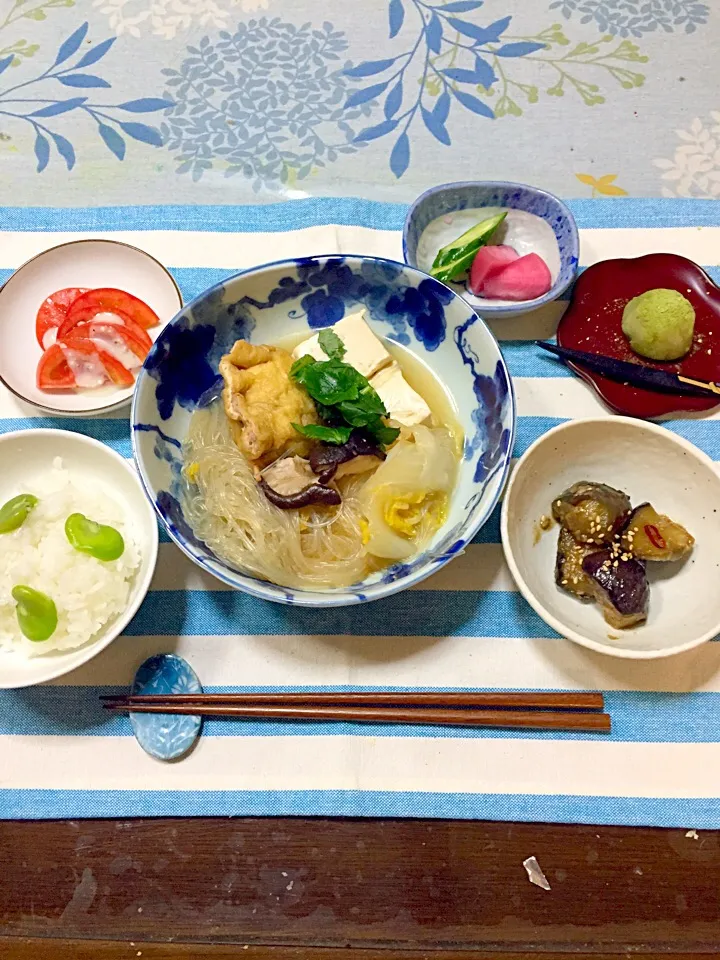 袋煮と白菜春雨と一緒煮    今日の晩ご飯   茄子味噌煮  空豆ご飯|ようこさん