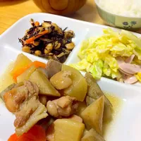 Snapdishの料理写真:残り野菜の筑前煮もどきとヒジキ、春キャベツのサラダ|sachippoさん