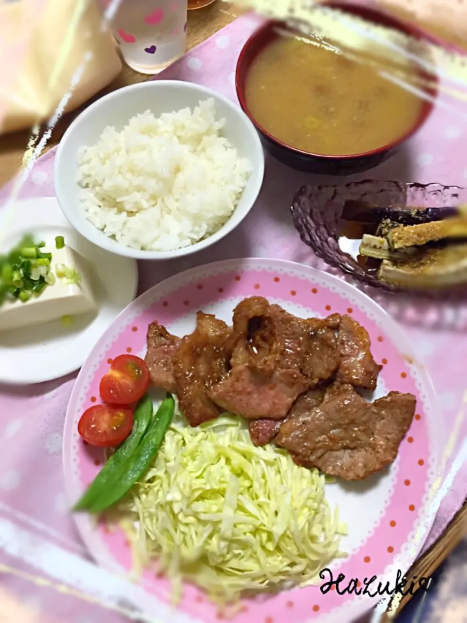 4/3(金)晩ごはん♡豚肉の味噌蜂蜜焼き  茄子のおひたし  冷ややっこ  ご飯  なめこの味噌汁|⁑葉月⁑さん