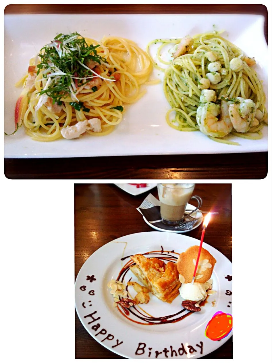 Snapdishの料理写真:Birthdayランチ♡梅と鶏肉のペペロンチーノと海老とホタテのジェノベーゼの二種のパスタ。
ホットアップルパイとカフェラテ。|mmmさん