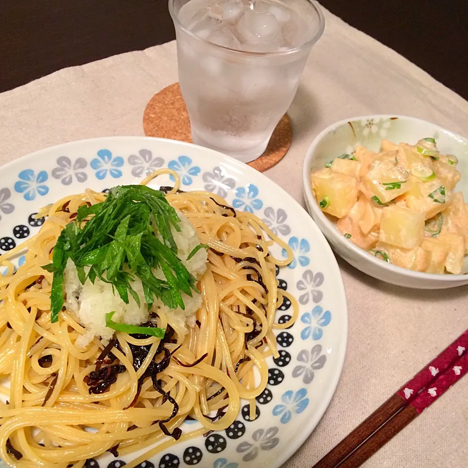 塩昆布バタースパゲッティ/明太マヨじゃがサラダ|ゆきてぃさん