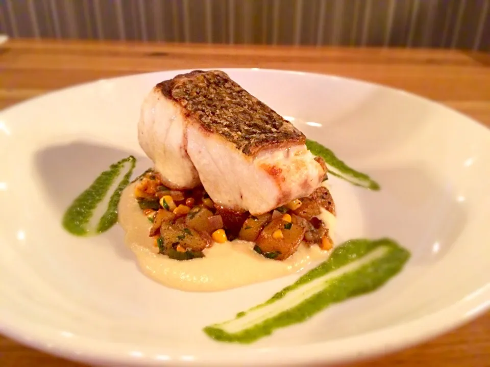 Pan Roasted Rockfish, Onion Soubise, Roasted Corn Pablano Hash, Salsa Verde|Msheppardさん