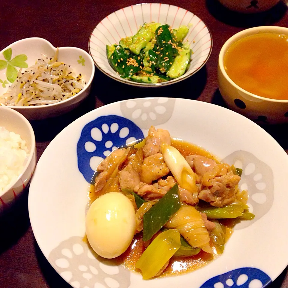 鶏肉とネギの甘辛煮、たたききゅうり、もやしのナムル、ポトフ|ぼぶさん