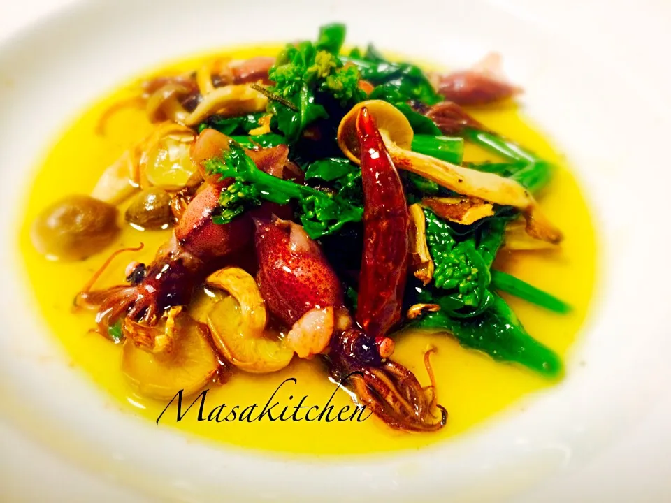 Firefly squid,mushrooms&field mustard ajillo|Masakiさん