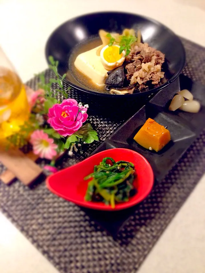 今日の晩御飯は牛肉豆腐とほうれん草の胡麻和えとカボチャの煮物とらっきょ|BabyRIKAさん