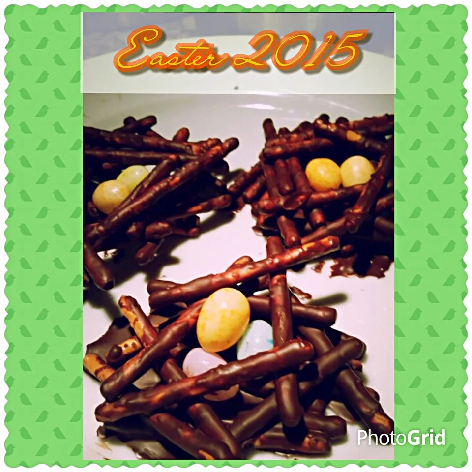 Chocolate bird nest for our Easter Brunch.  We dipped pretzel sticks into melted chocolate to make the cute bird nest  (*_^)!|Jihollandさん