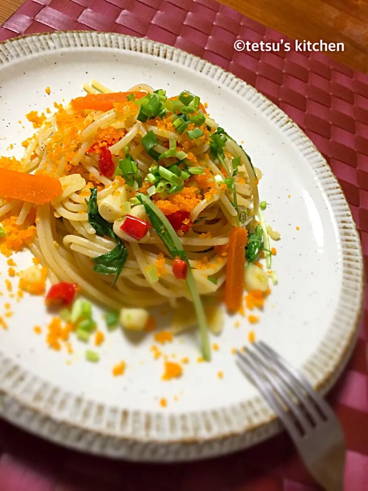 オヤジ特製☆ 日曜ランチは水菜と唐墨のピリ辛パスタ(o´∀`o)ﾆｺｯ|TETSU♪😋さん