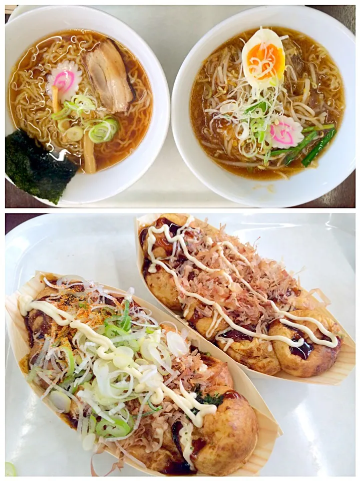 Snapdishの料理写真:octopus dumplings(takoyaki)&Ramen♨たこ焼き,もやし餡掛けそば&醤油ﾗｰﾒﾝ|🌈Ami🍻さん