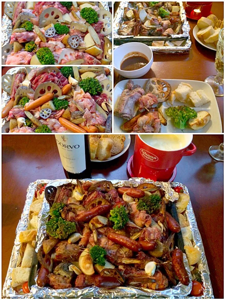 Meat&vegetables of oil fondue&cheese♨️ｿｰｾｰｼﾞ,ﾁｷﾝ,ｽﾍﾟｱﾘﾌﾞ&お野菜のｸﾞﾘﾙ ｵｲﾙ&ﾁｰｽﾞﾌｫﾝﾃﾞｭ|🌈Ami🍻さん