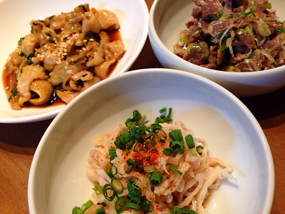 鶏皮ポン酢と砂肝葱塩和えと鶏皮焼き鳥風な今夜のアテ♪|まめりんさん