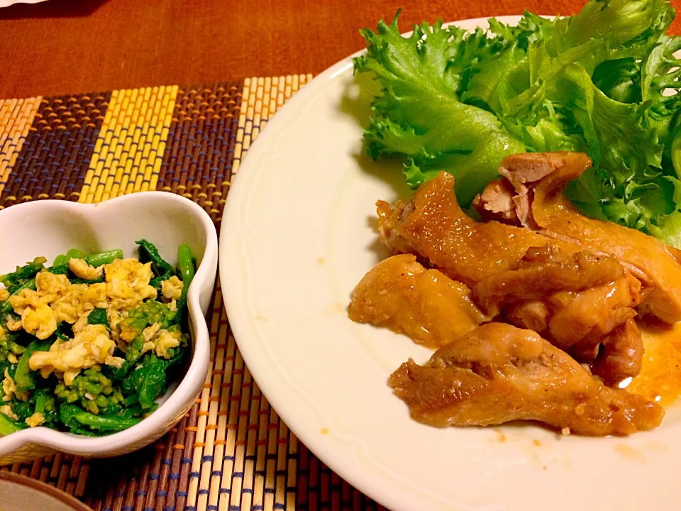 鳥の照り焼き、菜の花と卵の胡麻和え|あんなさん