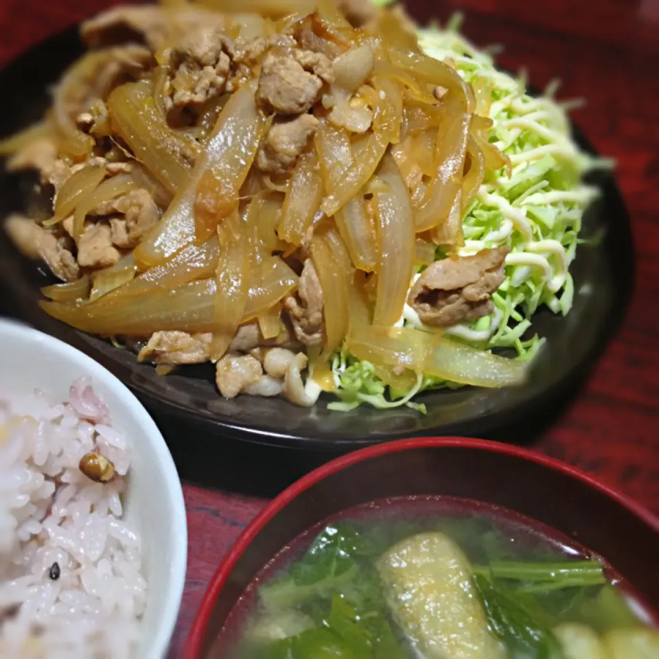 豚の生姜焼き＆高菜と油揚げの味噌汁|ともえさん