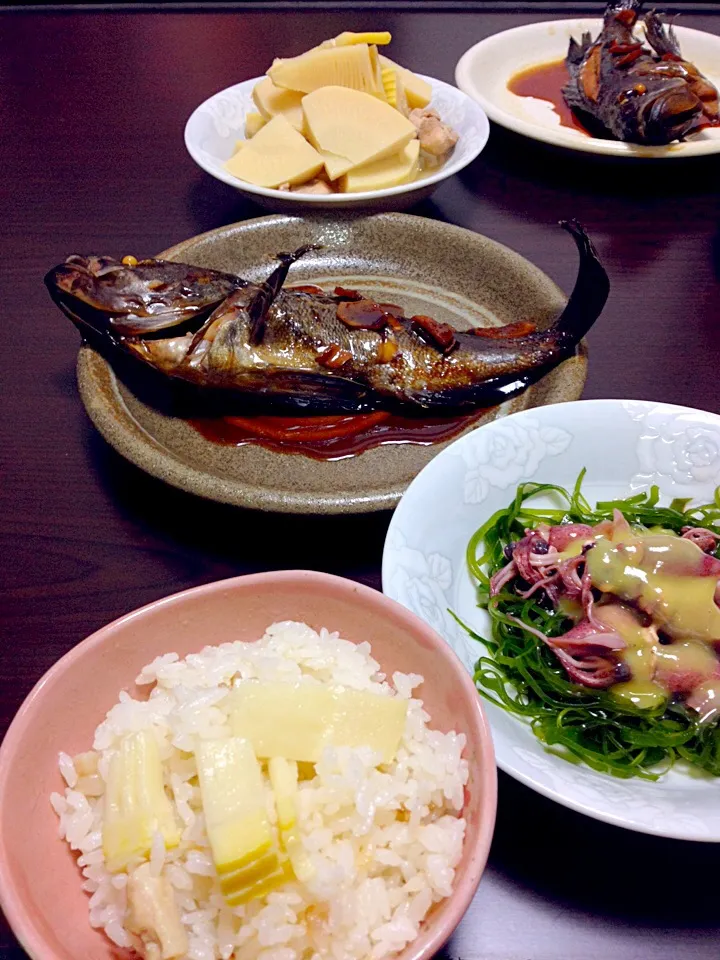 たけのこごはん♡ ホタルイカ＆こんぶ♡ 煮魚♡ たけのこの煮物♡|yumikoさん