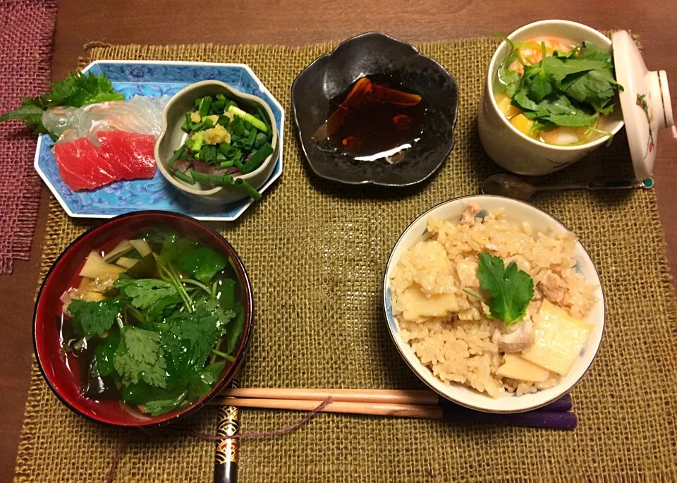 タケノコご飯 茶碗蒸し タケノコ穂先とワカメのすまし汁 鯵のたたきと刺身|Junko Tominagaさん