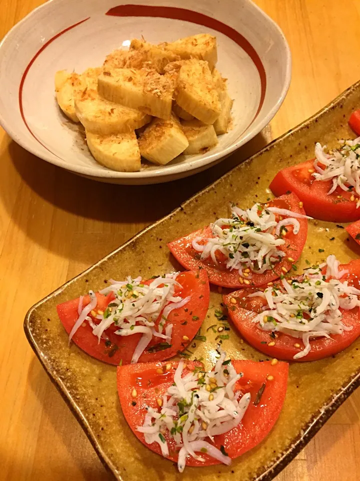 おつまみ2種。。長芋のわさび醤油漬け＆しらすのせトマト🍅|こずえ⑅◡̈*さん