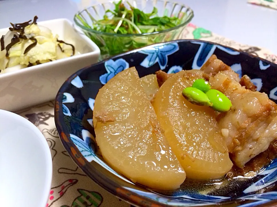 Snapdishの料理写真:角煮作ったつもり…(;_;)水菜のナメタケ和え、白菜塩昆布|ずずさん