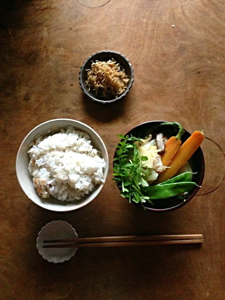 春野菜の味噌汁の朝めし。|ツルさん