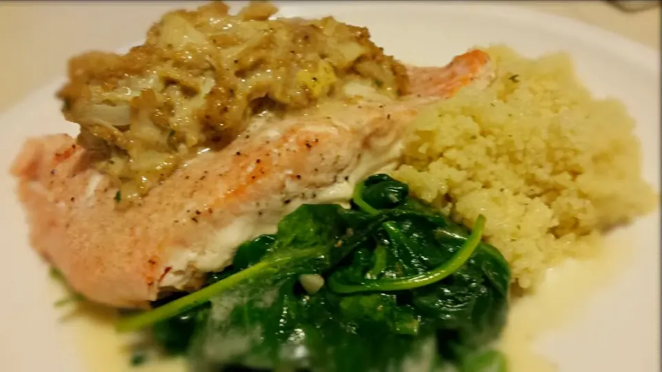 Crab Stuffed Salmon, Sautéed Spinach, Garlic & Herb Couscous,  Lemon Chive Beurre Blanc #BassTaste|BASS.TASTEさん