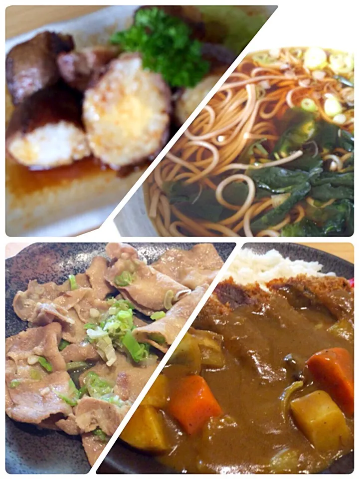 チーズ入り焼き肉おにぎりとわかめ蕎麦、牛タンねぎ焼きとビーフカツカレーです‼️|sugimotokazuhitoさん