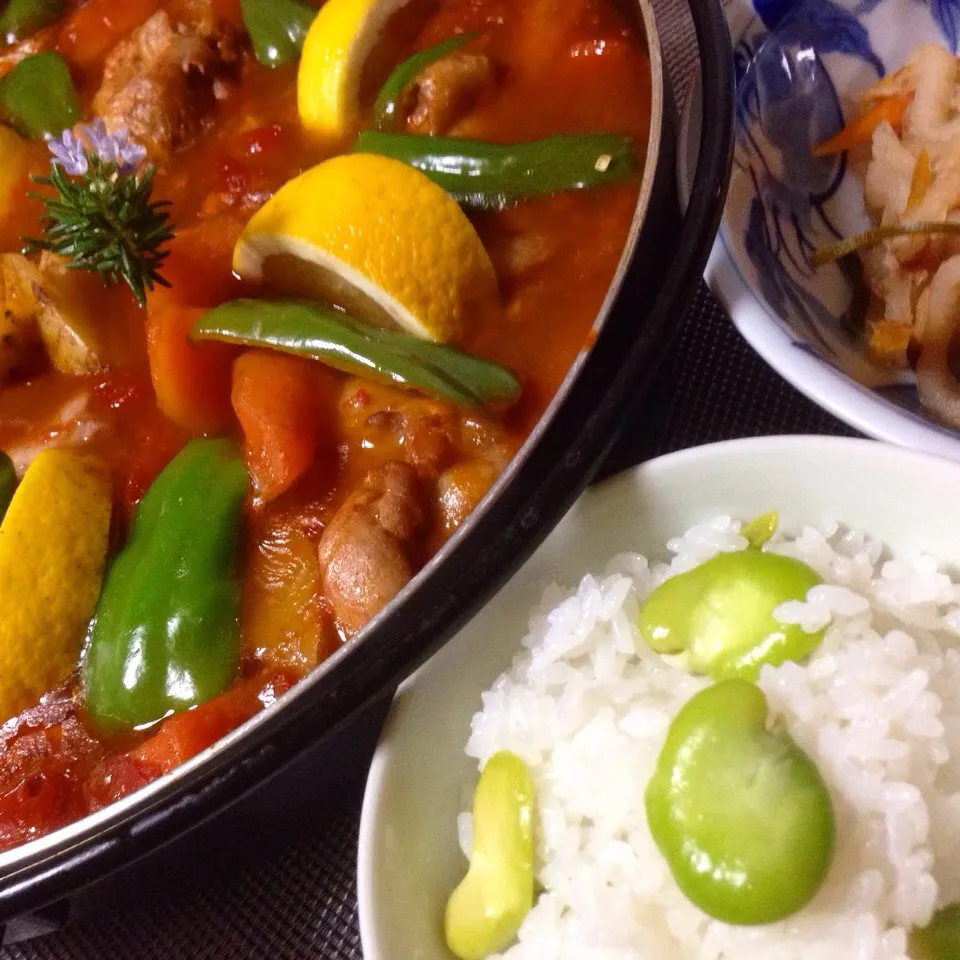 鳥手羽元の赤ワイン煮込み 空豆ごはん 切り干し大根の煮物|Cuisineさん