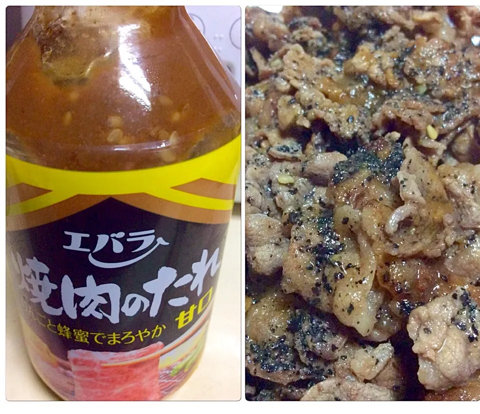 Snapdishの料理写真:牛肉黒ごまトッピング焼 エバラ焼肉のたれで味付け|sakumaさん