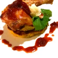 Snapdishの料理写真:Chicken leg confit over corn griddle cakes with homemade bacon butter and preserves|James Garciaさん