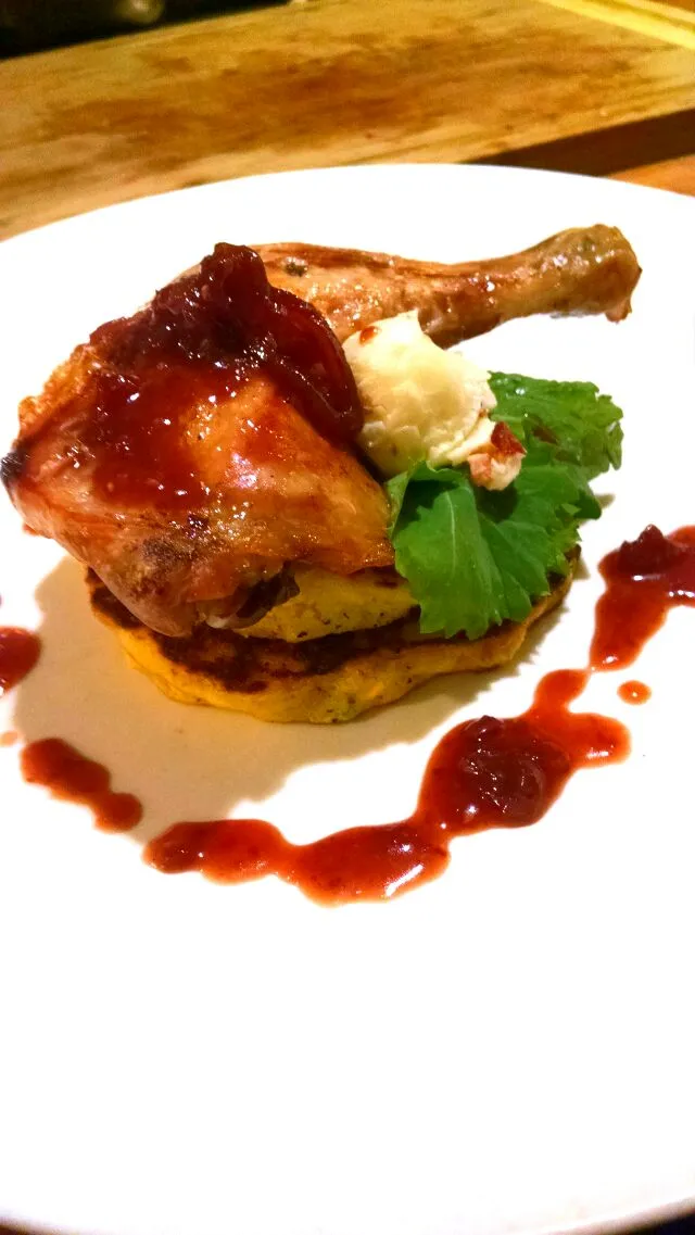 Chicken leg confit over corn griddle cakes with homemade bacon butter and preserves|James Garciaさん