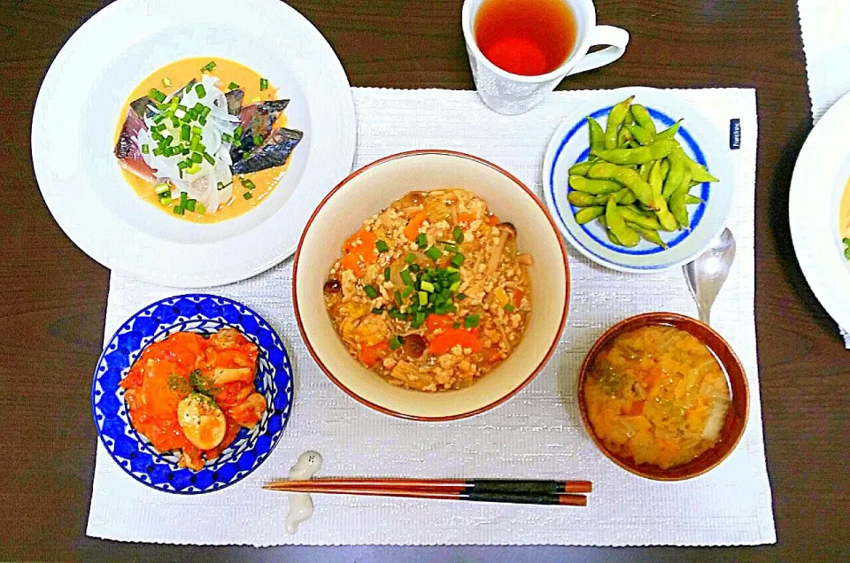 色々野菜と鶏のあんかけ丼＆鰹たたきの甘味噌生姜だれ|pikyuさん