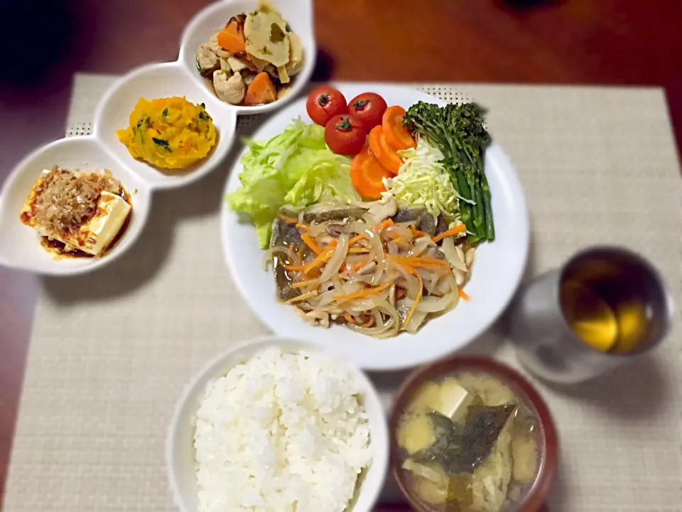 豆腐とおあげの味噌汁&蒸し野菜サラダ&カレイの野菜甘酢あんかけ&かぼちゃペースト&筍と鶏肉の醤油煮&冷奴❤︎|あゆかさん