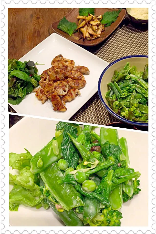 Snapdishの料理写真:蓮根の肉巻き、ハタハタ🐟春野菜のグリーンサラダ、アンチョビ ドレッシング🌿🍀🌼|まみりんごさん