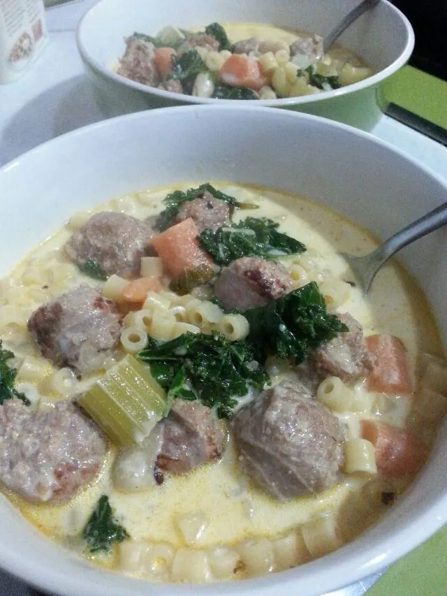 Snapdishの料理写真:Sausage &white bean soup with kale, celery, carrots, fresh sage, and fresh tarragon with pasta.|Polly Gelfusoさん