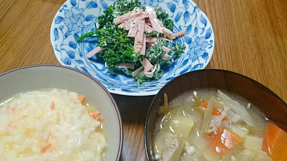 Snapdishの料理写真:・鮭と卵の雑炊
・生姜入り豚汁（蓮根牛蒡長ネギ筍人参豚バラ）
・ブロッコリーとハムのサラダ|ようかんさん