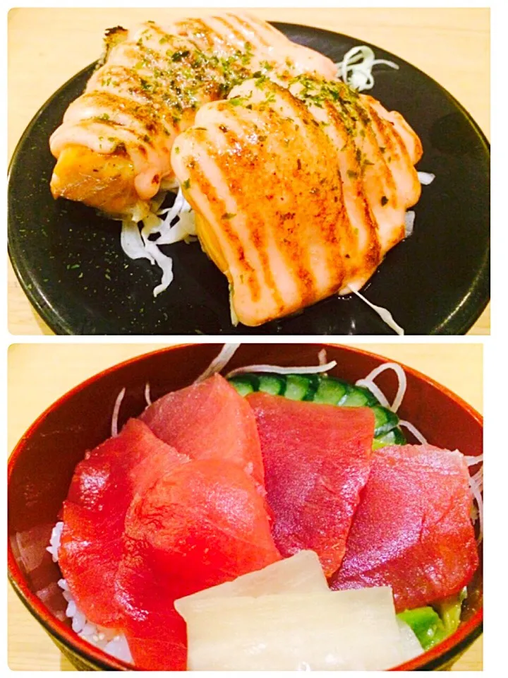 生のマグロが入りましたので〜鉄火丼とサーモンのカマの明太マヨ焼きです‼️|sugimotokazuhitoさん