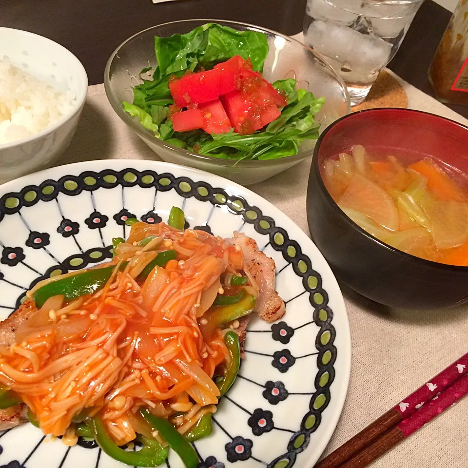 豚肉の甘酢あんかけ/グリーンサラダ/野菜いっぱい味噌汁|ゆきてぃさん