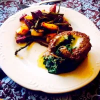 Snapdishの料理写真:Broiled beets asparagus and red potatoes with steak, Swiss and spinach pinwheels|Katie Wiedenmanさん