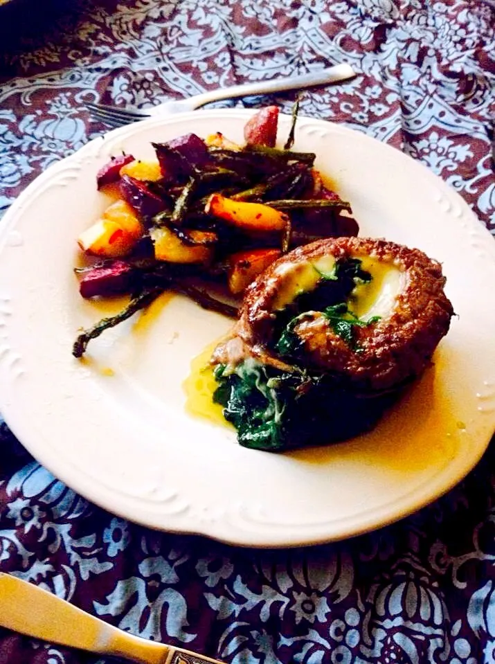 Snapdishの料理写真:Broiled beets asparagus and red potatoes with steak, Swiss and spinach pinwheels|Katie Wiedenmanさん