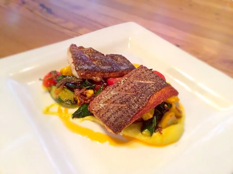 Pan Roasted Striped Bass, Sweet Corn Fondue, Ratatouille, Shrimp Oil|Msheppardさん