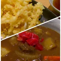 Snapdishの料理写真:スパイシーカレーうどんと花咲きイカ天ぷらです‼️|sugimotokazuhitoさん