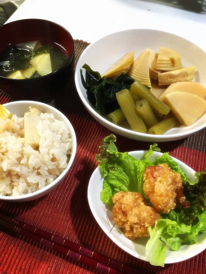 筍ご飯、蕗と筍、筍の皮のお味噌汁|スープさん