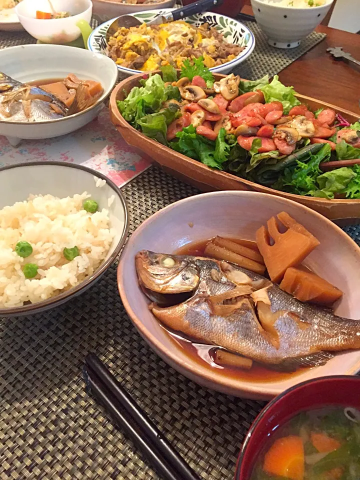 ウミタナゴと筍の煮付け
牛ごぼう柳川風
ウィンナーとマッシュルームのサラダ
豆ご飯|ねぎさん