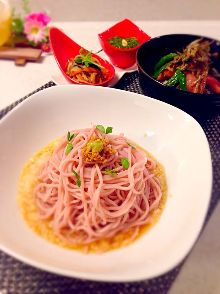 今日の晩御飯/桜風味のとろろ蕎麦＆ボロニアソーセージとピーマンと小女子炒め丼＆メカブ＆切り干し大根|BabyRIKAさん